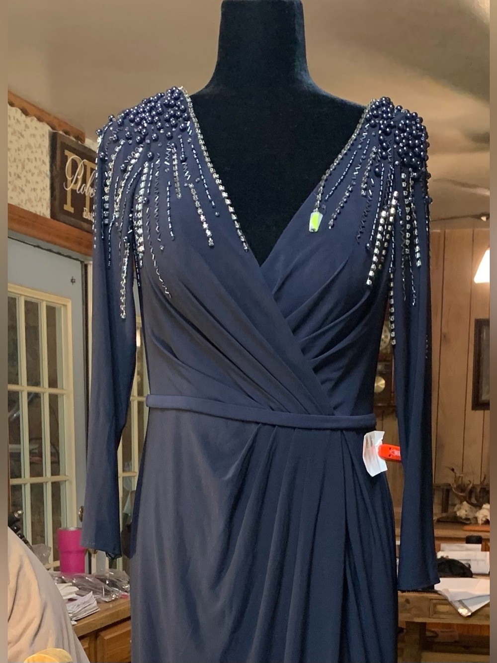 Classic Navy Wrap-Style Long Sleeve Formal Dress With Beading and train in back